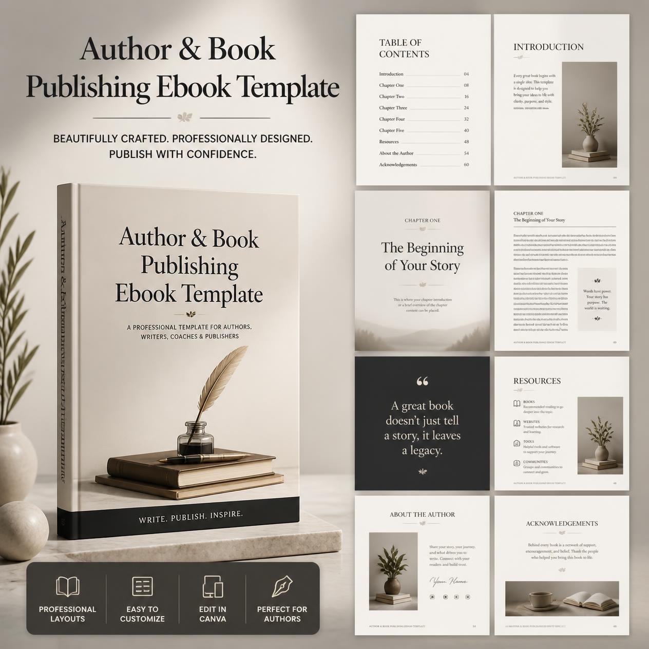 Author and Book Publishing Template shown as a 3D ebook with manuscript page previews.