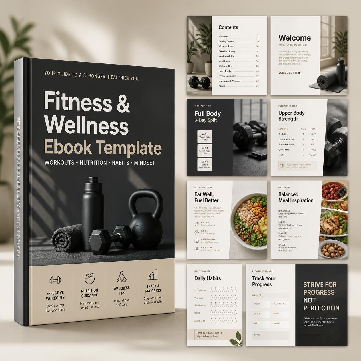 Fitness and Wellness Ebook Template shown as a 3D ebook with workout plan page previews.