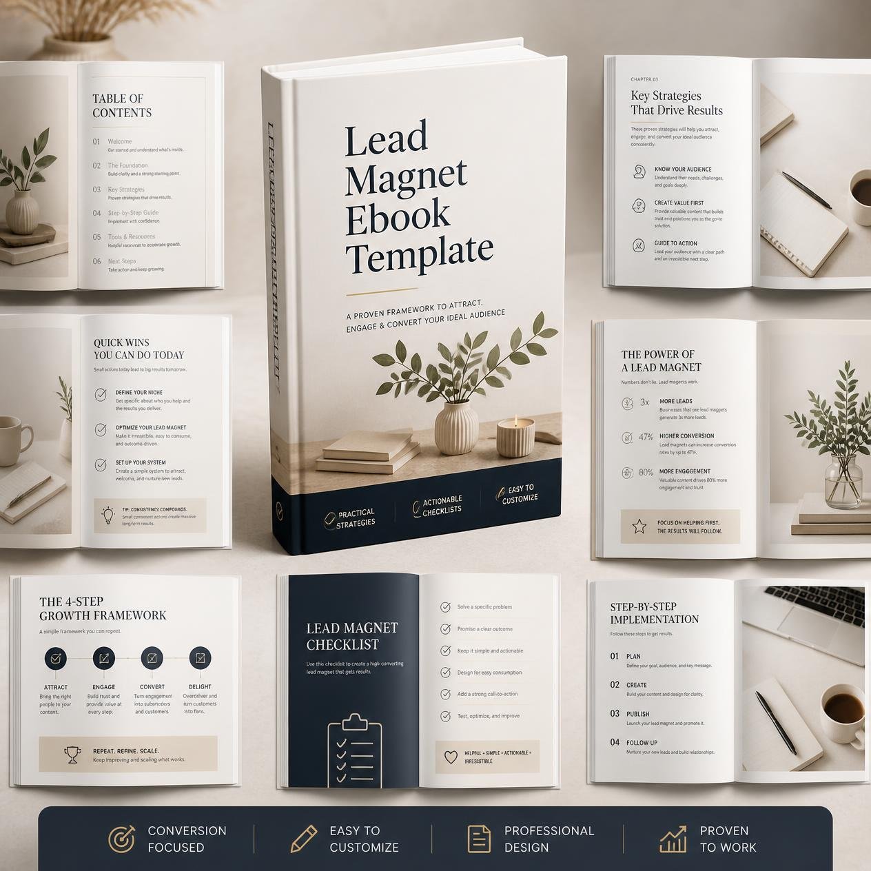 Lead Magnet Ebook Template shown as a 3D ebook with conversion-focused page previews.