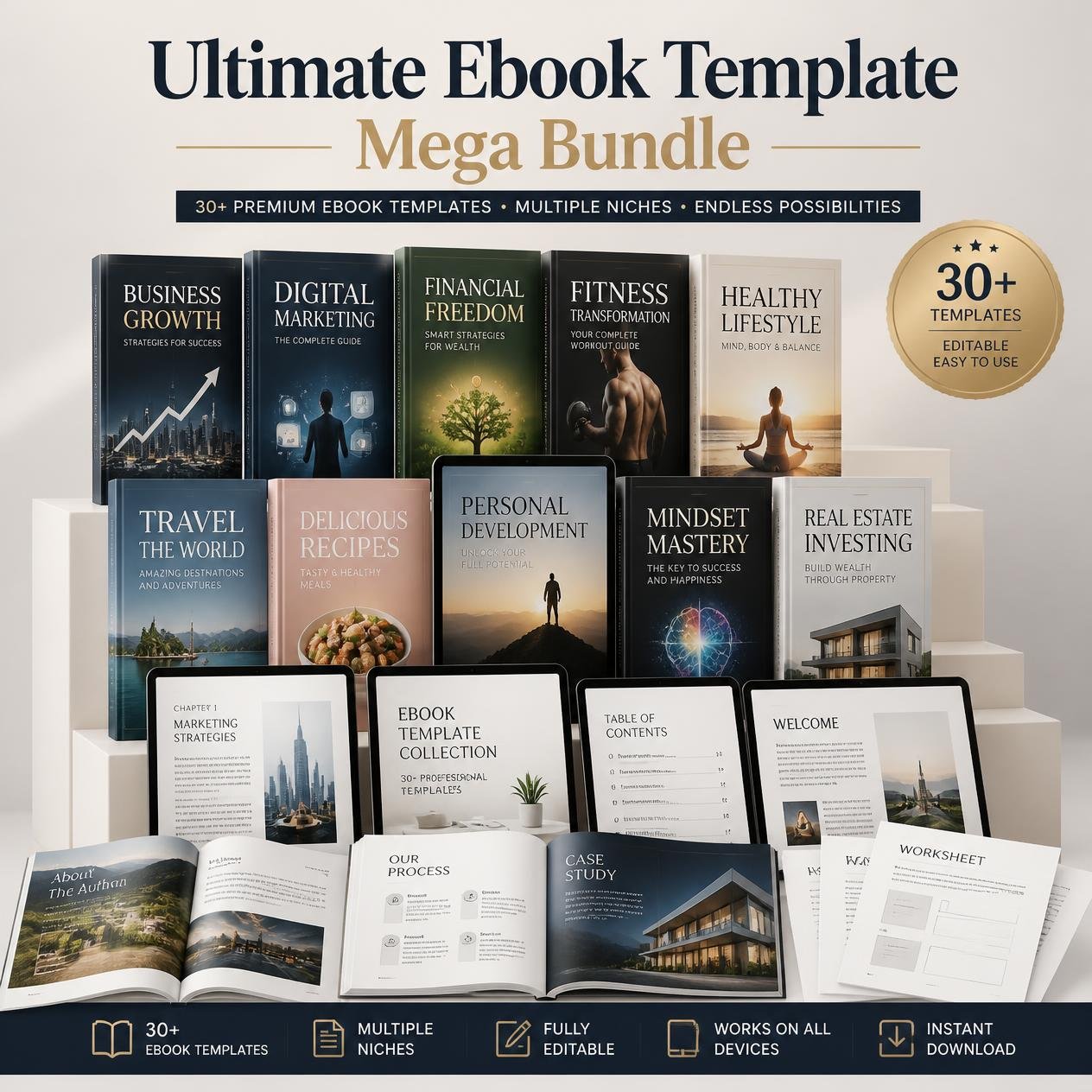 Ultimate Ebook Template Mega Bundle shown as a layered collection of ebooks, tablets and document previews.