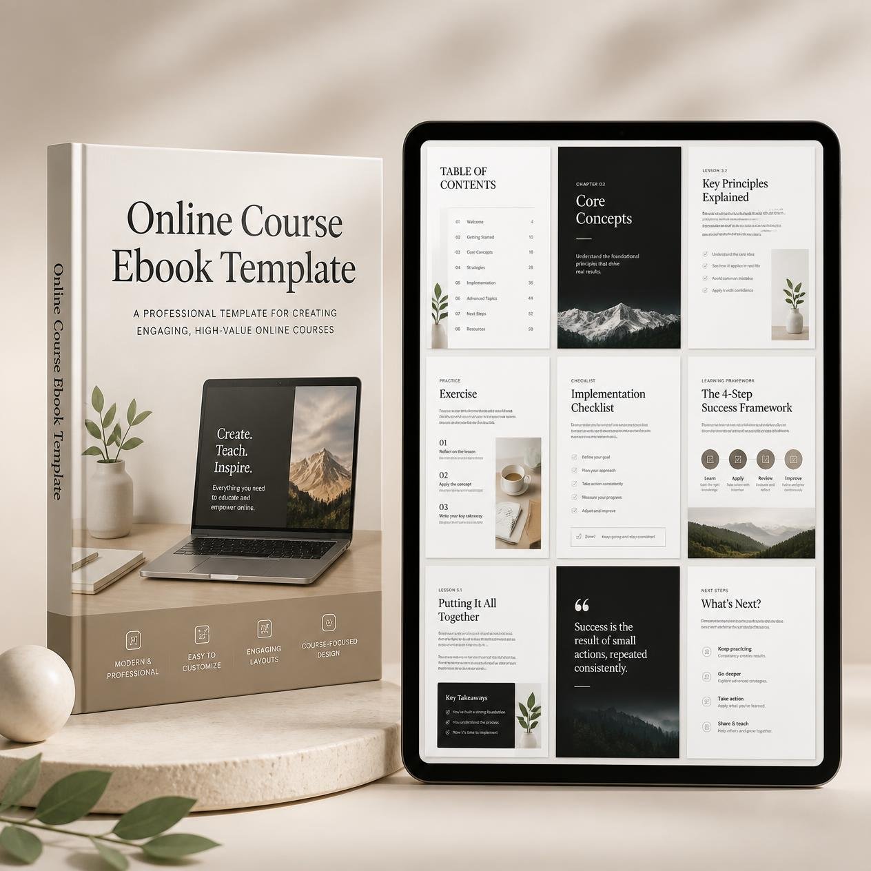 Online Course Ebook Template shown as a 3D ebook beside a tablet displaying lesson pages.