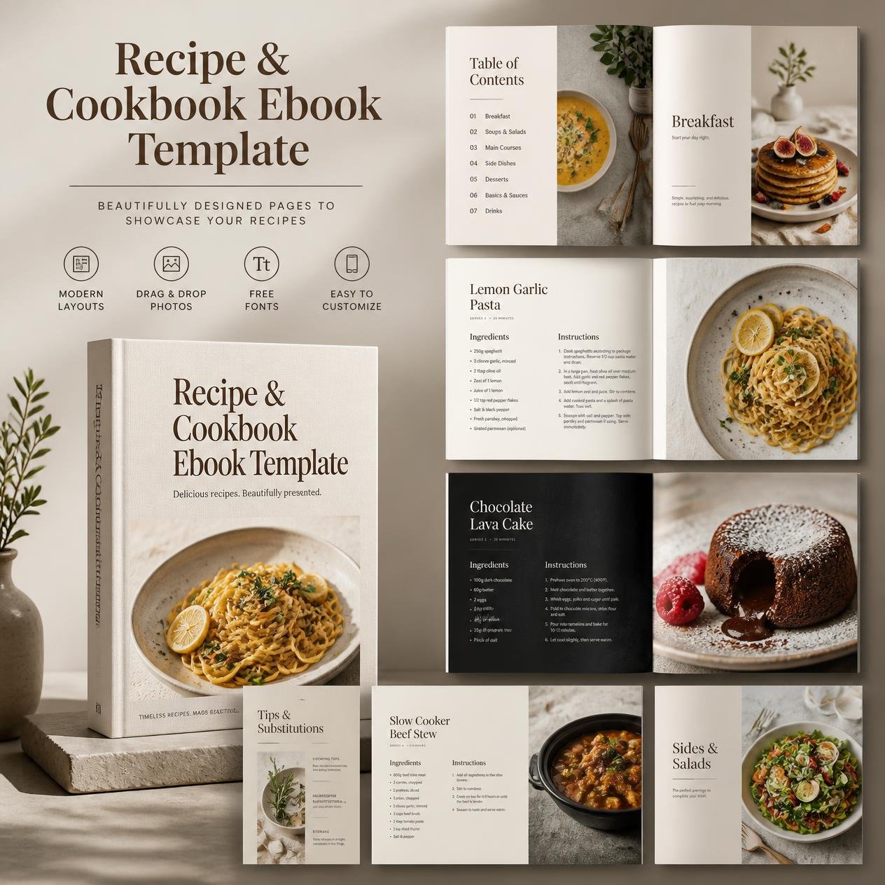 Recipe and Cookbook Ebook Template shown as a 3D digital cookbook with recipe page previews.