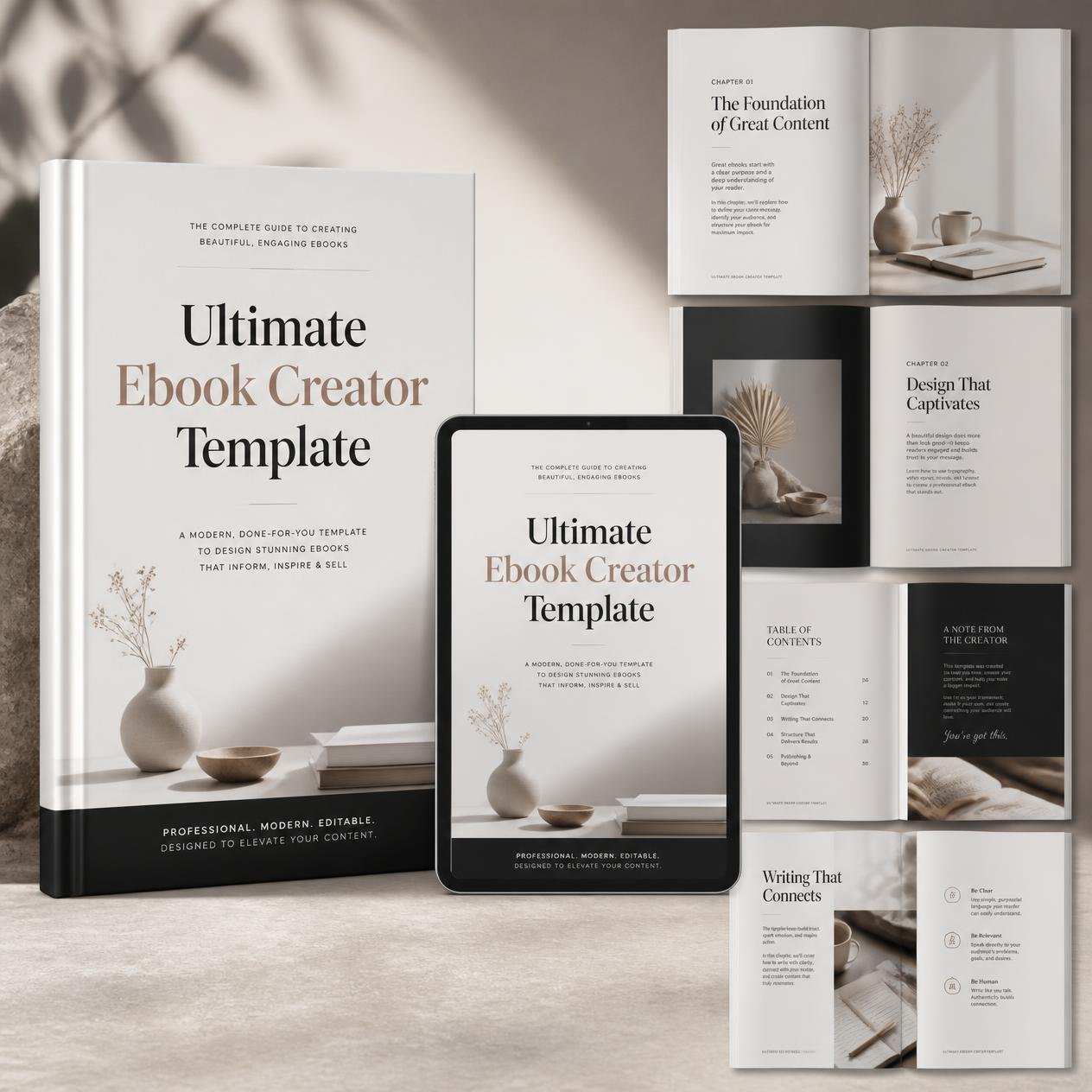 Ultimate Ebook Creator Template shown as a 3D ebook cover with interior page previews.